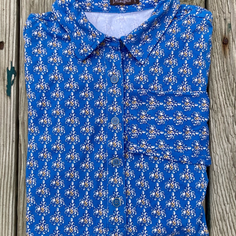 J. McLaughlin EUC Catalina Cloth Blue/Yellow Pineapple Button Popover Shirt Sz S - Picture 6 of 16